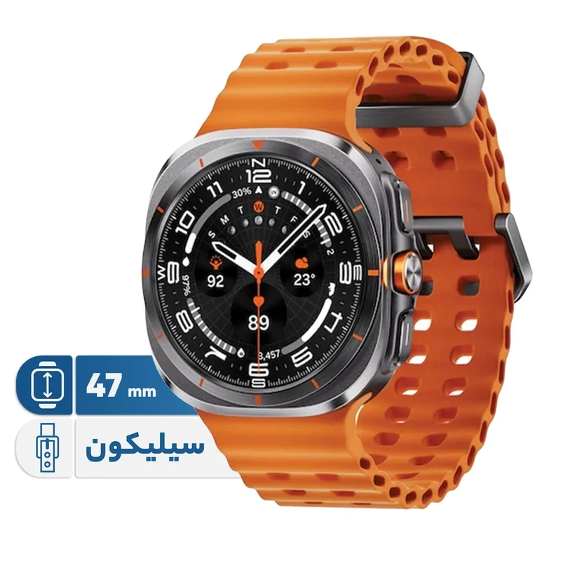 ساعت هوشمند سامسونگ Galaxy Watch Ultra با صفحه نمایش 1.5 اینچ Super AMOLED، قابلیت مکالمه بلوتوث، کنترل موسیقی، پشتیبانی از دستیار صوتی، صفحه همیشه روشن و بند سیلیکونی مقاوم