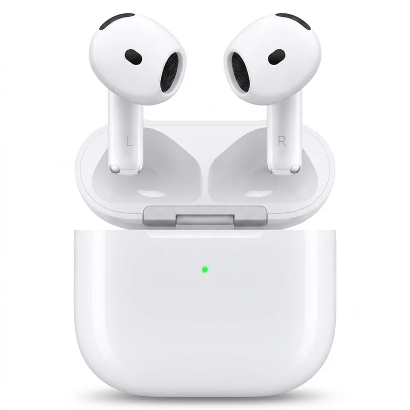 هدفون بلوتوثی اپل مدل AirPods 4 دارای نویز کنسلینگ، درگاه شارژ USB-Type-C و شارژ بی سیم، با قابلیت اتصال به چند دستگاه، پشتیبانی از فرمان لمسی و دستیار صوتی، نشانگر LED، مقاوم در برابر پاشش آب و گرد و غبار