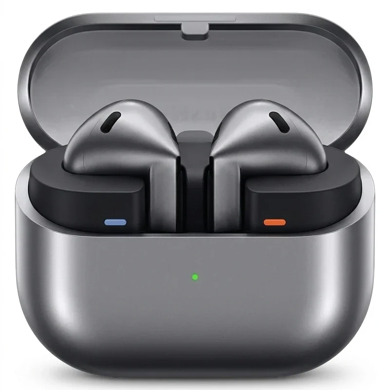 هدفون بلوتوثی سامسونگ مدل Galaxy Buds3 با نویز کنسلینگ فعال (ANC)، نویز کنسلینگ میکروفون (ENC)، درگاه شارژ USB Type-C، با قابلیت اتصال به چند دستگاه، دارای قابلیت صدای 360 درجه، Galaxy AI، میکروفون سه گانه، پشتیبانی از فرمان لمسی، ضد آب و گرد و غبار